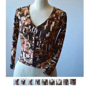 Women Cropped Blouse Cashmere|Silk Long Sleeve Geometric V Neck